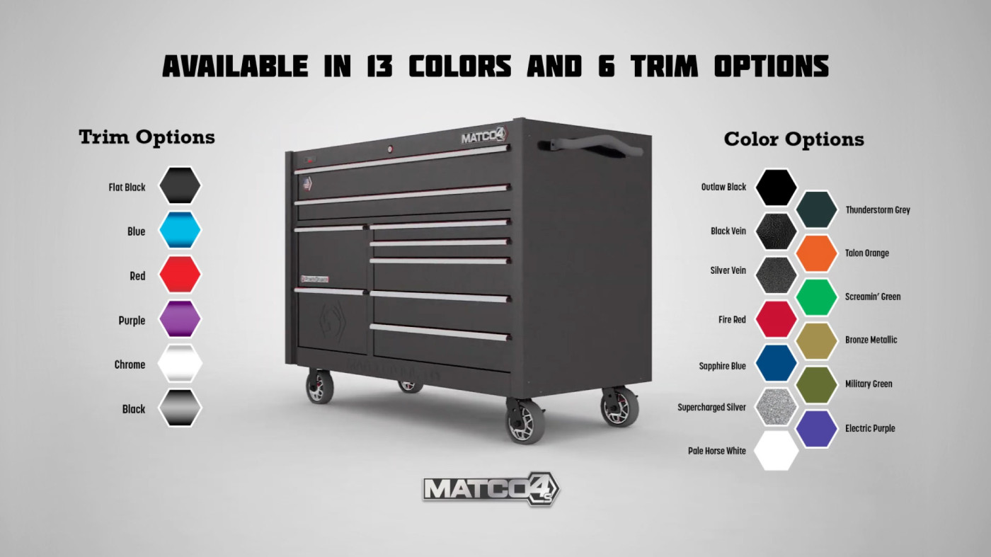 Image of a black, Matco tool chest showing color options