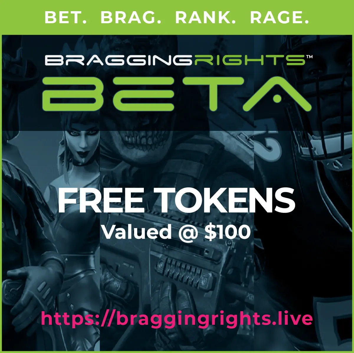 BraggingRights beta Instagram ad promoting free tokens valued at $100 for competitive gamers.