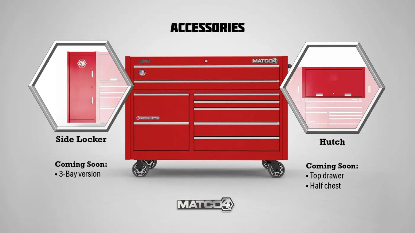 Red Matco tool chest with animated graphics highlighting available accessories.