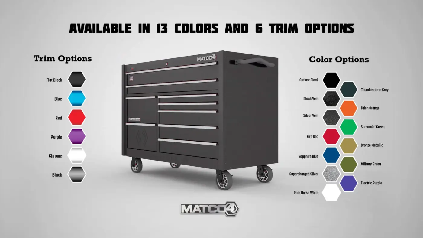 Black Matco tool chest shown with animated graphics for body and trim color options.