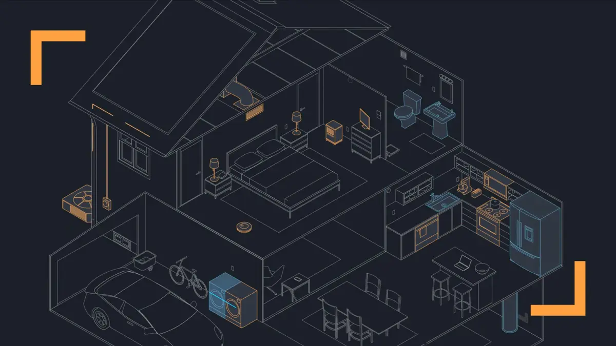 Animated cutaway illustration of a home showing appliances and household systems monitored by Source7.