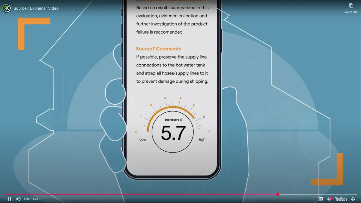 Source7 mobile report screen showing product failure comments and a subrogation score.