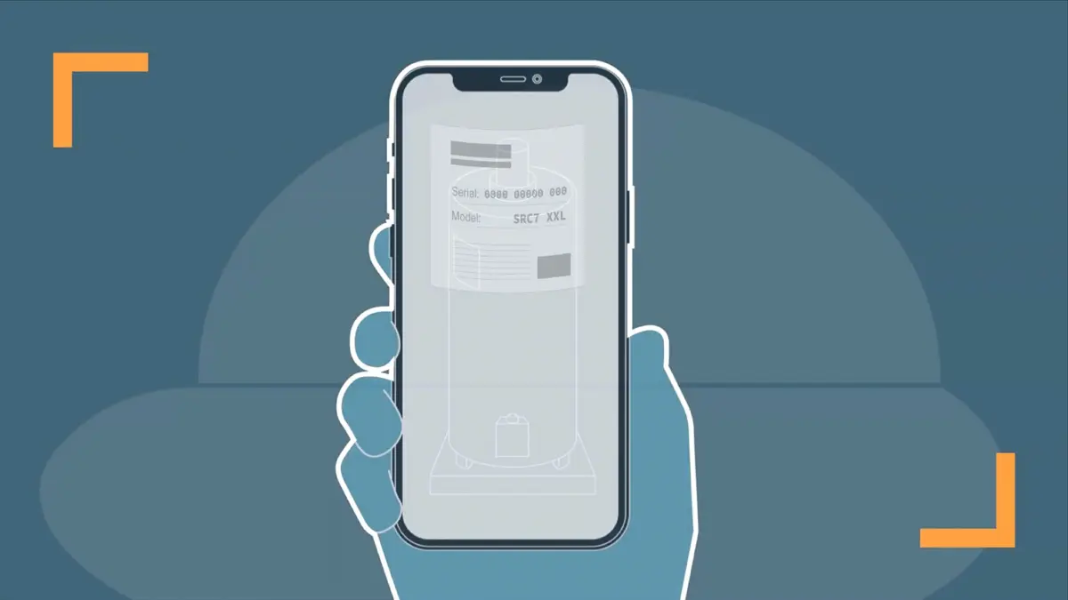 Smartphone scanning a water heater label to identify appliance information in the Source7 platform.