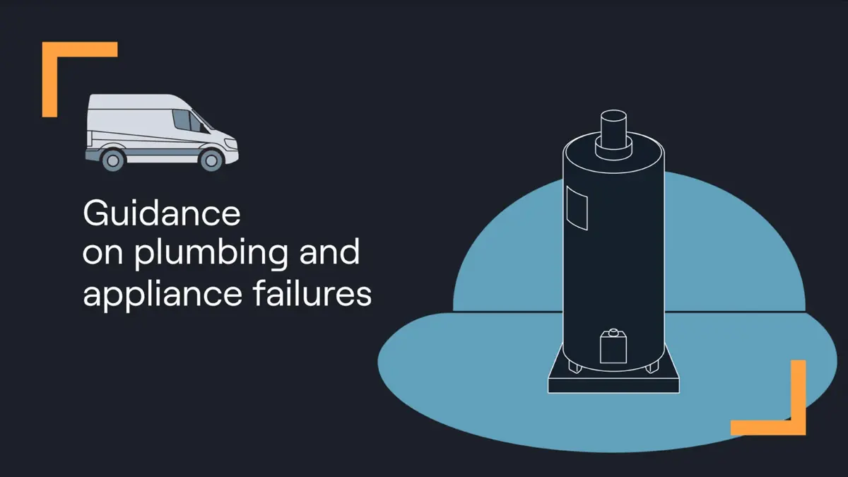 Animated graphic explaining Source7 guidance for plumbing and appliance failures.