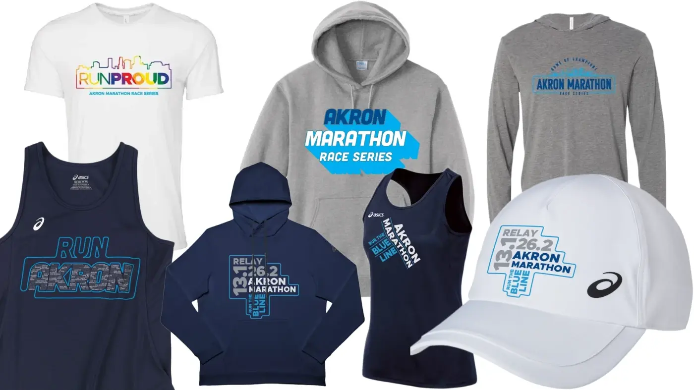 tshirts, hoodies, hats and other outerwear branded with akron marathon