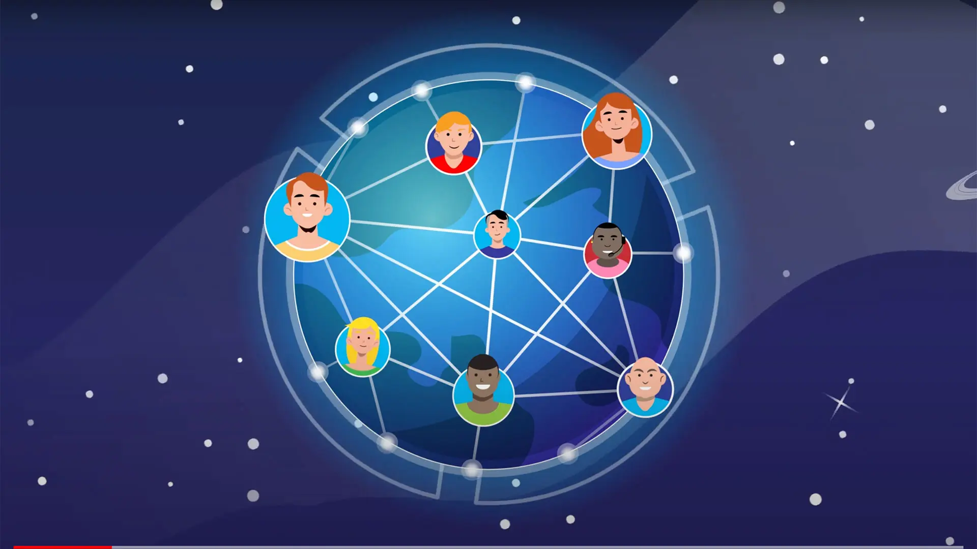 Animated illustration of employee avatars connected across the globe by a digital network.