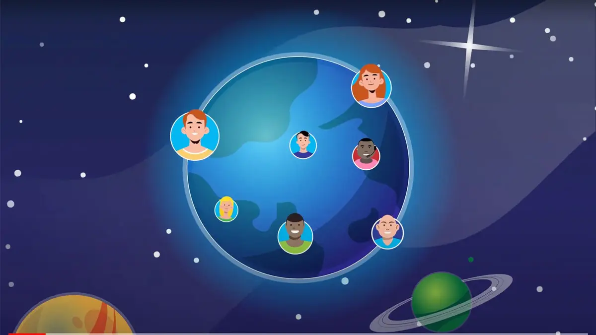 Animated illustration of a global workforce represented by employee avatars around the Earth.