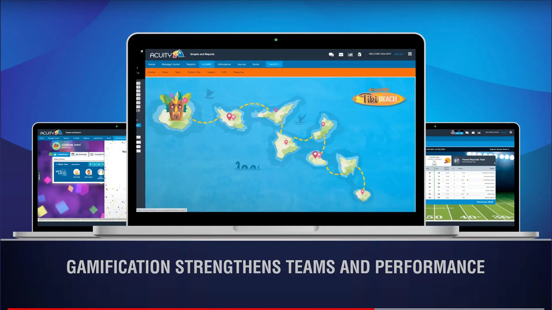Laptop screens showing the Acuity platform’s gamified employee performance interface.