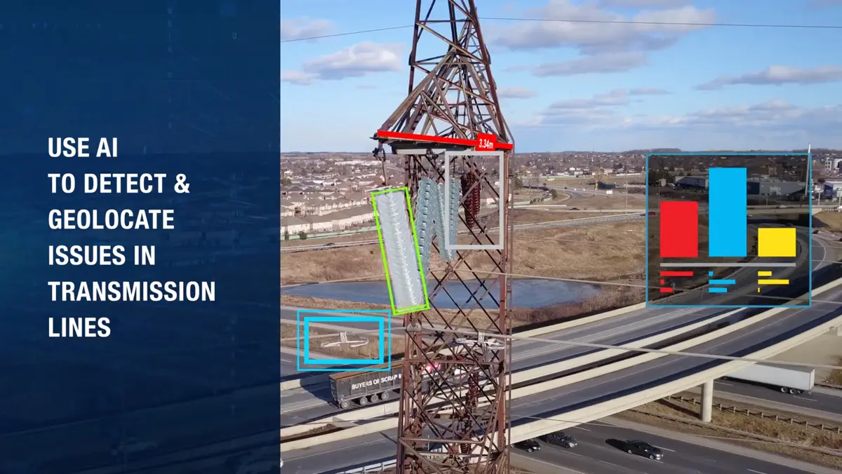 Transmission tower footage with motion tracking graphics identifying geolocated maintenance issues.