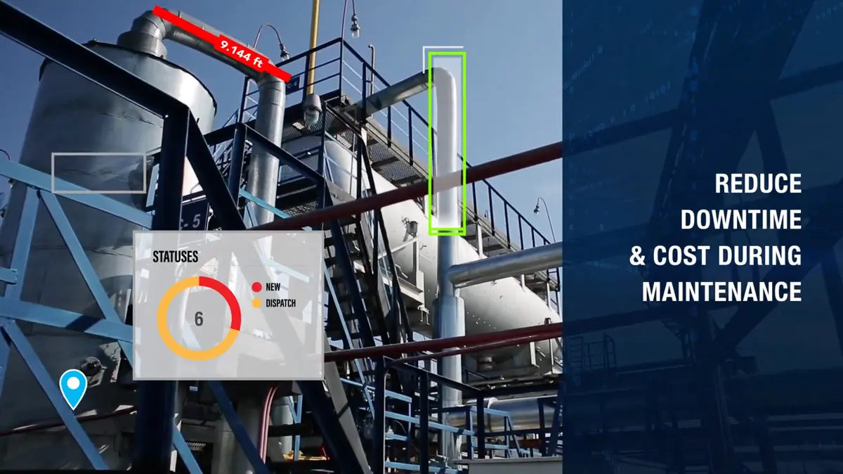 Industrial facility footage with tracking overlays highlighting maintenance status and downtime reduction
