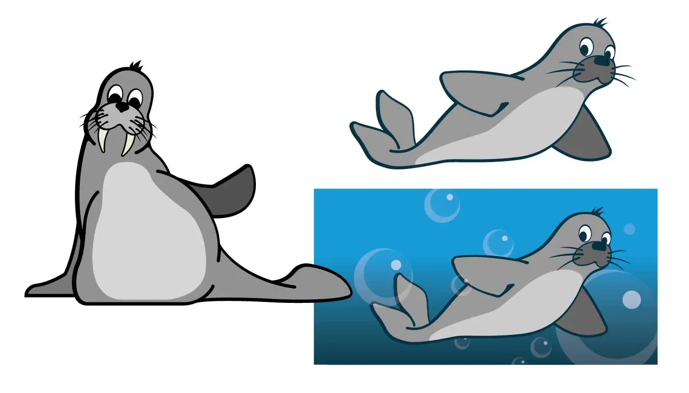 Illustrated seal and walrus characters from animated Watershed Carwash roadside LED signage.