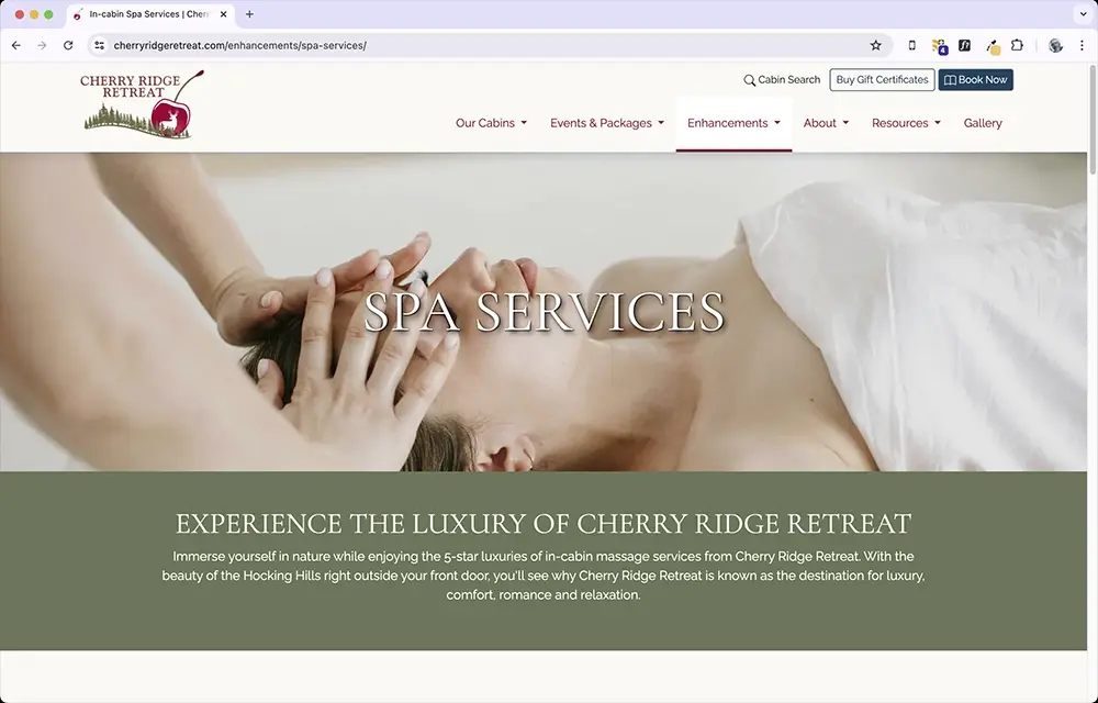 The spa services page on the Cherry Ridge Retreat Website