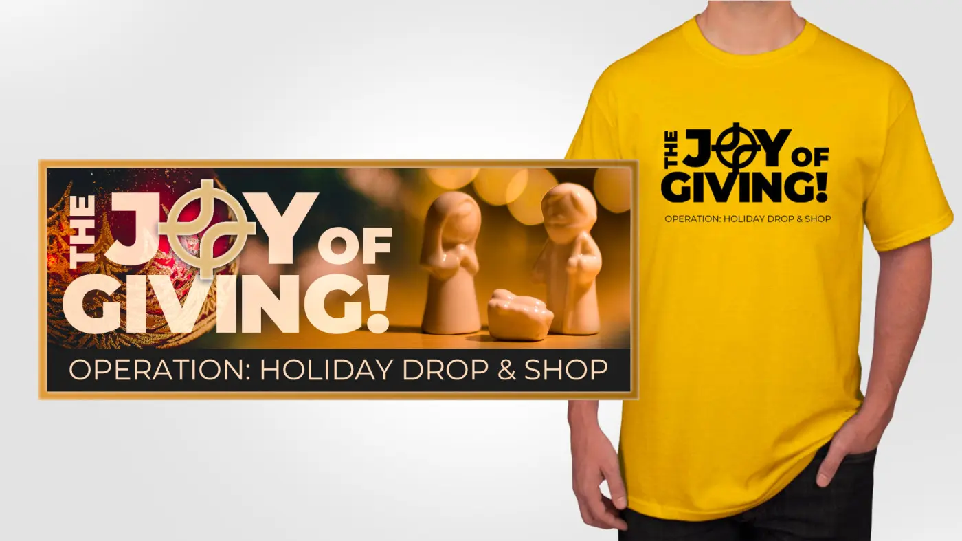 Graphic of a promotional banner and tshirt design