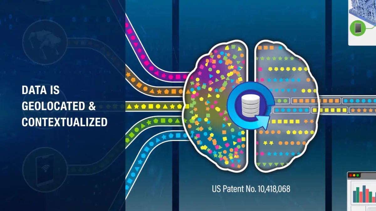 Animated data visualization showing geolocated information being organized and contextualized.