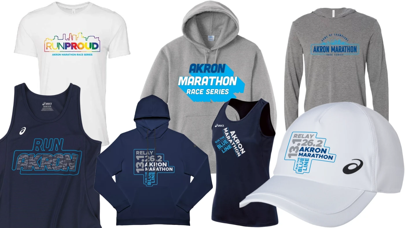 
							tshirts, hoodies, hats and other outerwear branded with akron marathon