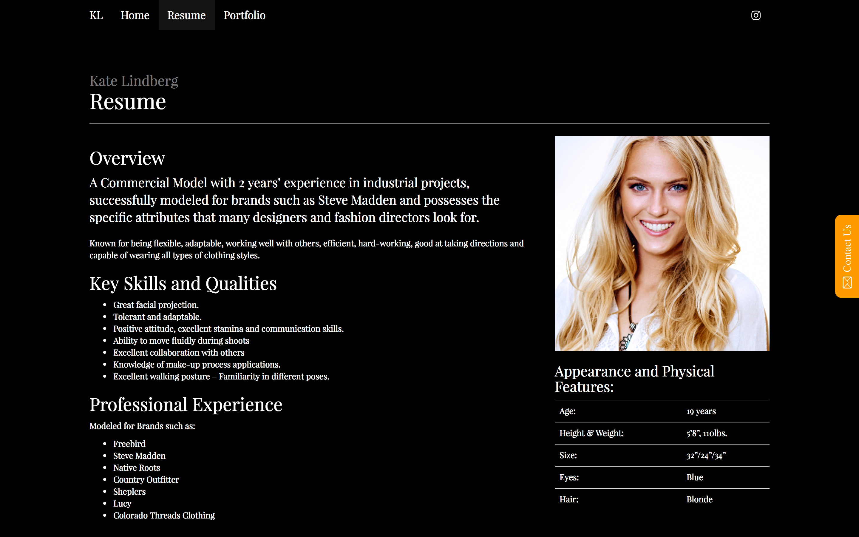 Bio page on Modeling Portfolio site for Kate Lindberg