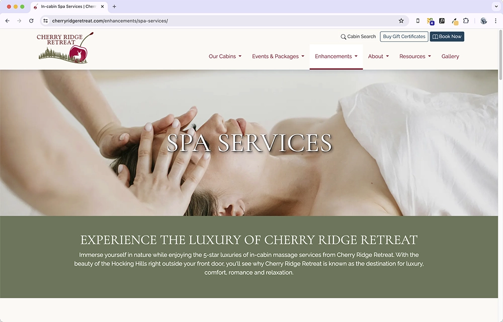 
							The spa services page on the Cherry Ridge Retreat Website